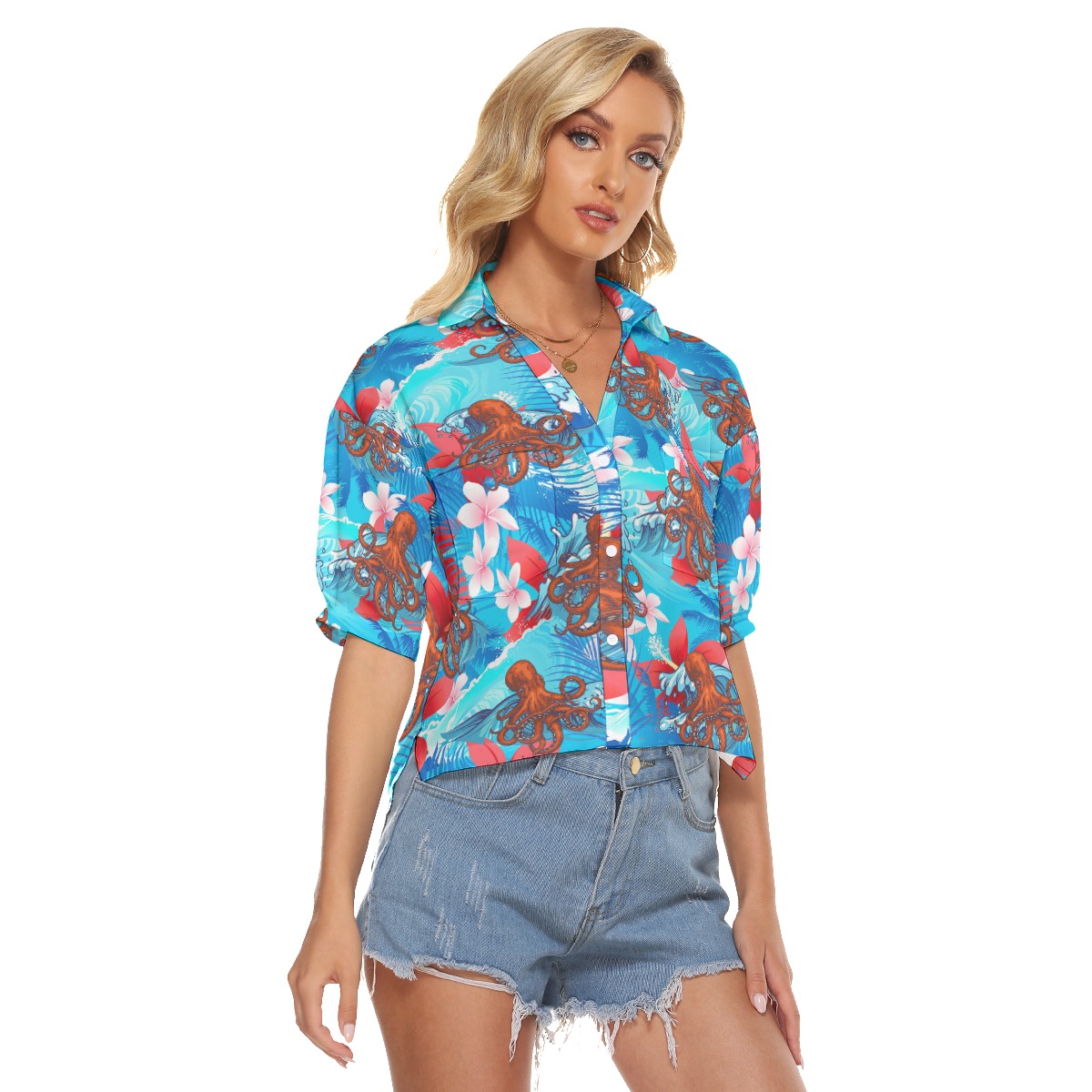 Ocean Octopus Hibiscus Blue Hawaiian Crop Top Shirt For Women