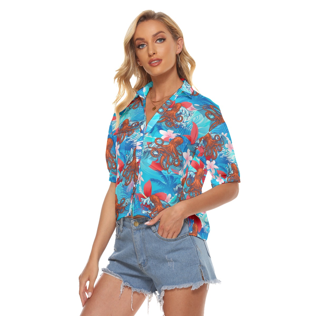 Ocean Octopus Hibiscus Blue Hawaiian Crop Top Shirt For Women