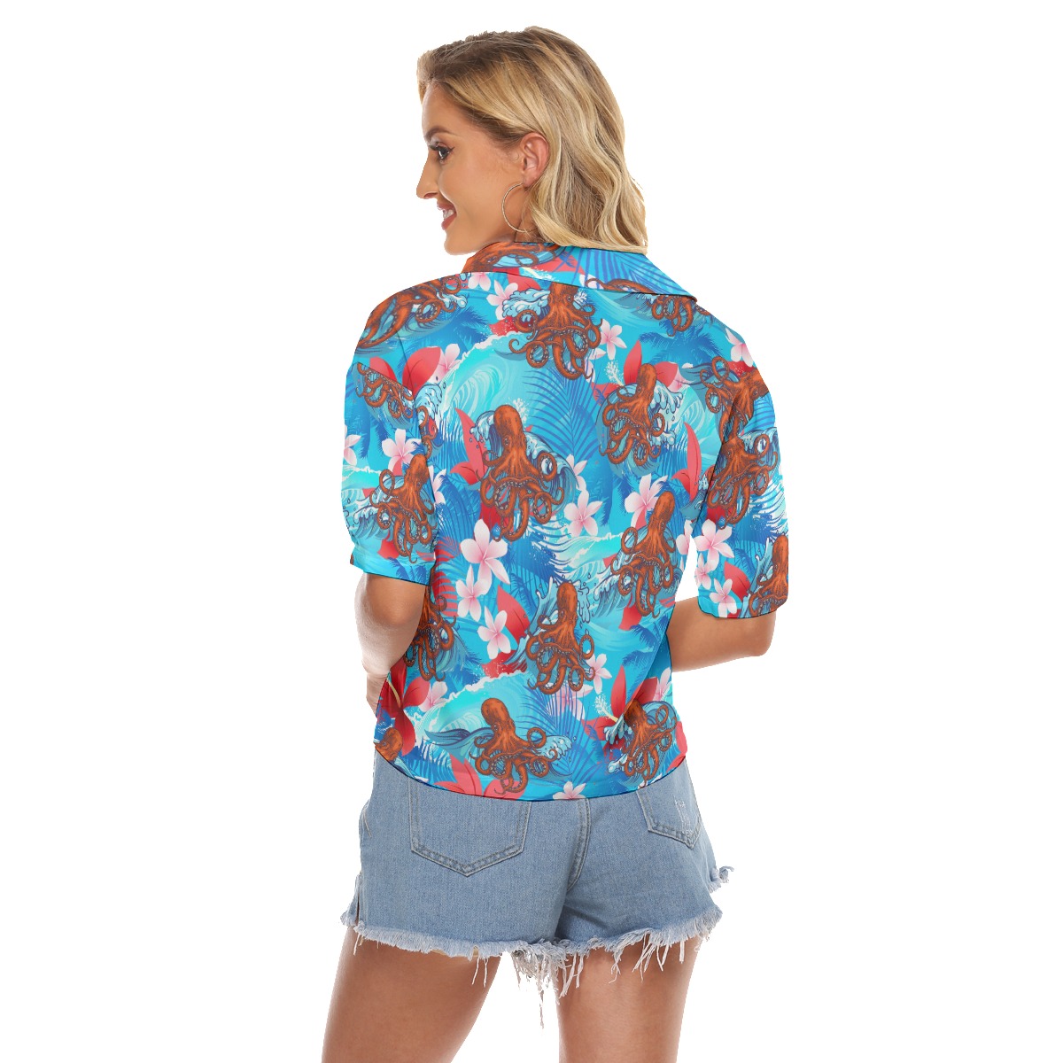 Ocean Octopus Hibiscus Blue Hawaiian Crop Top Shirt For Women