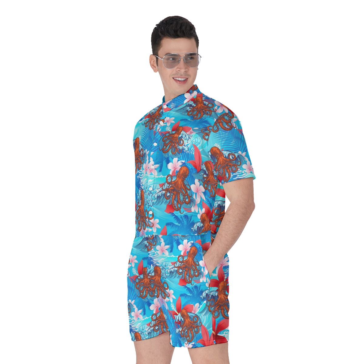 Tropical Hibiscus Octopus Hawaiian Romper
