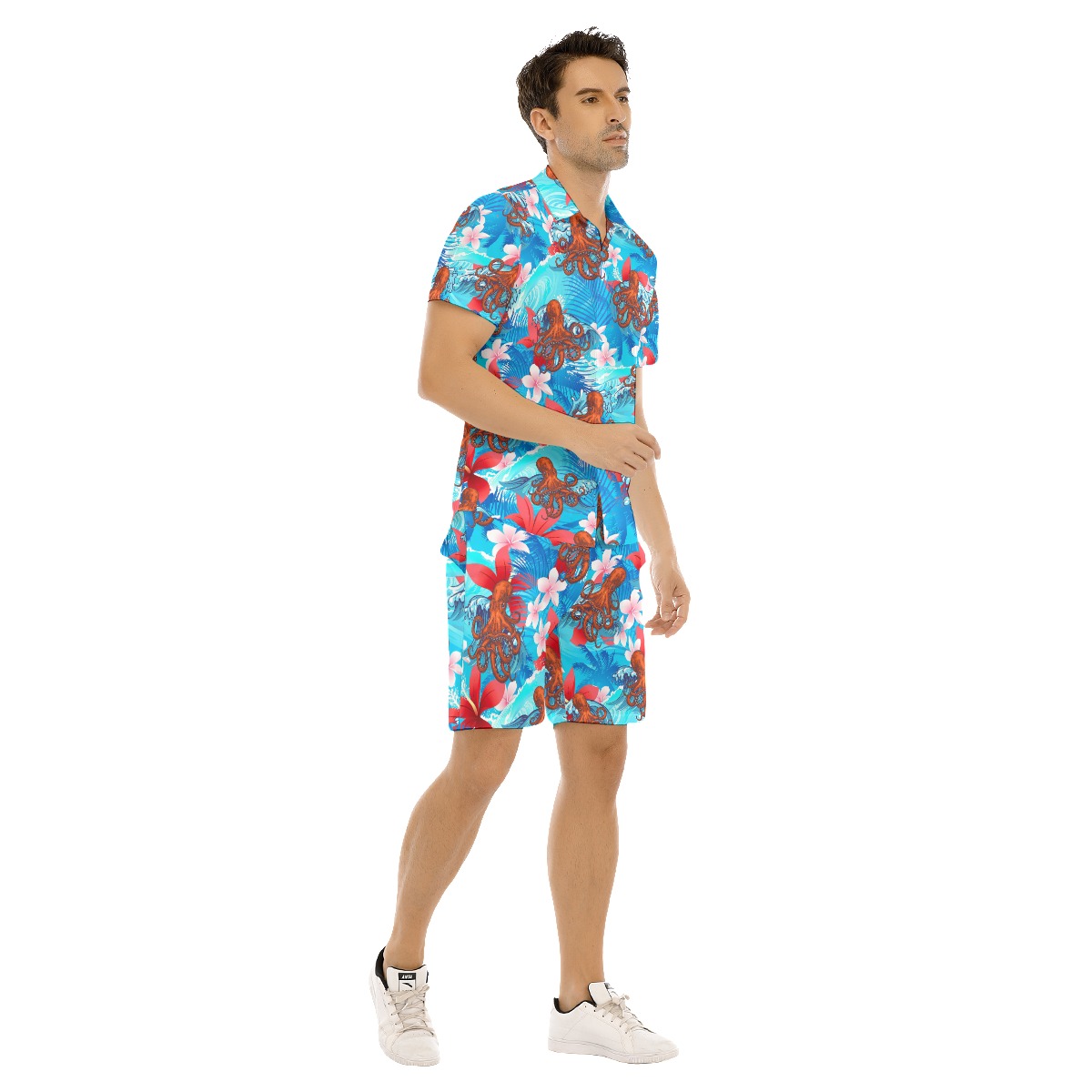 Set Octopus Floral Blue Hawaiian Shirt And Matching Shorts For Men