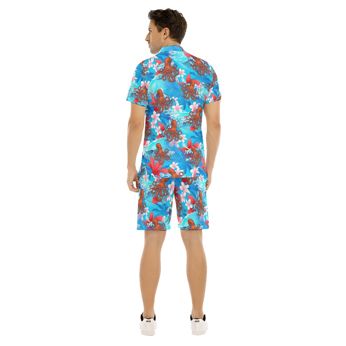 Set Octopus Floral Blue Hawaiian Shirt And Matching Shorts For Men
