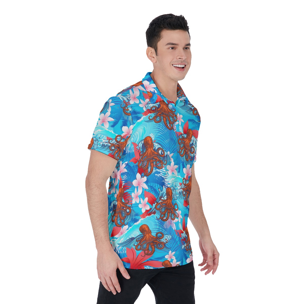 Hibiscus Blue Octopus Hawaiian Polo Shirt