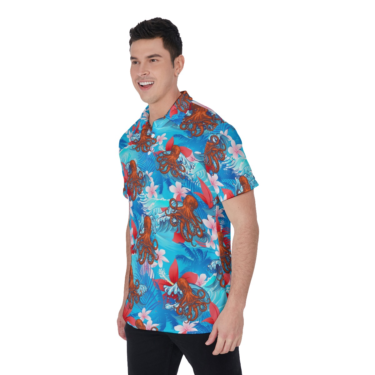Hibiscus Blue Octopus Hawaiian Polo Shirt