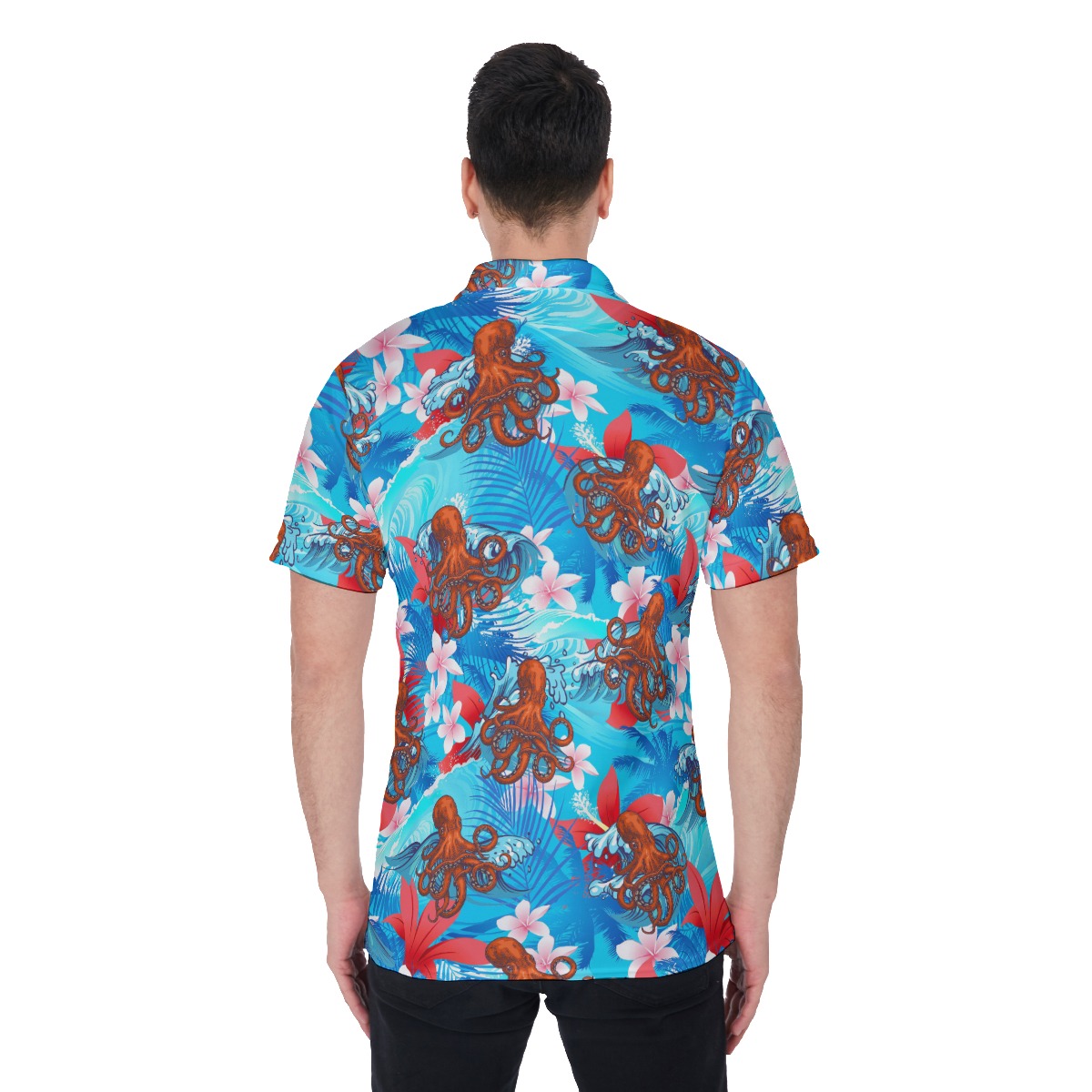 Hibiscus Blue Octopus Hawaiian Polo Shirt