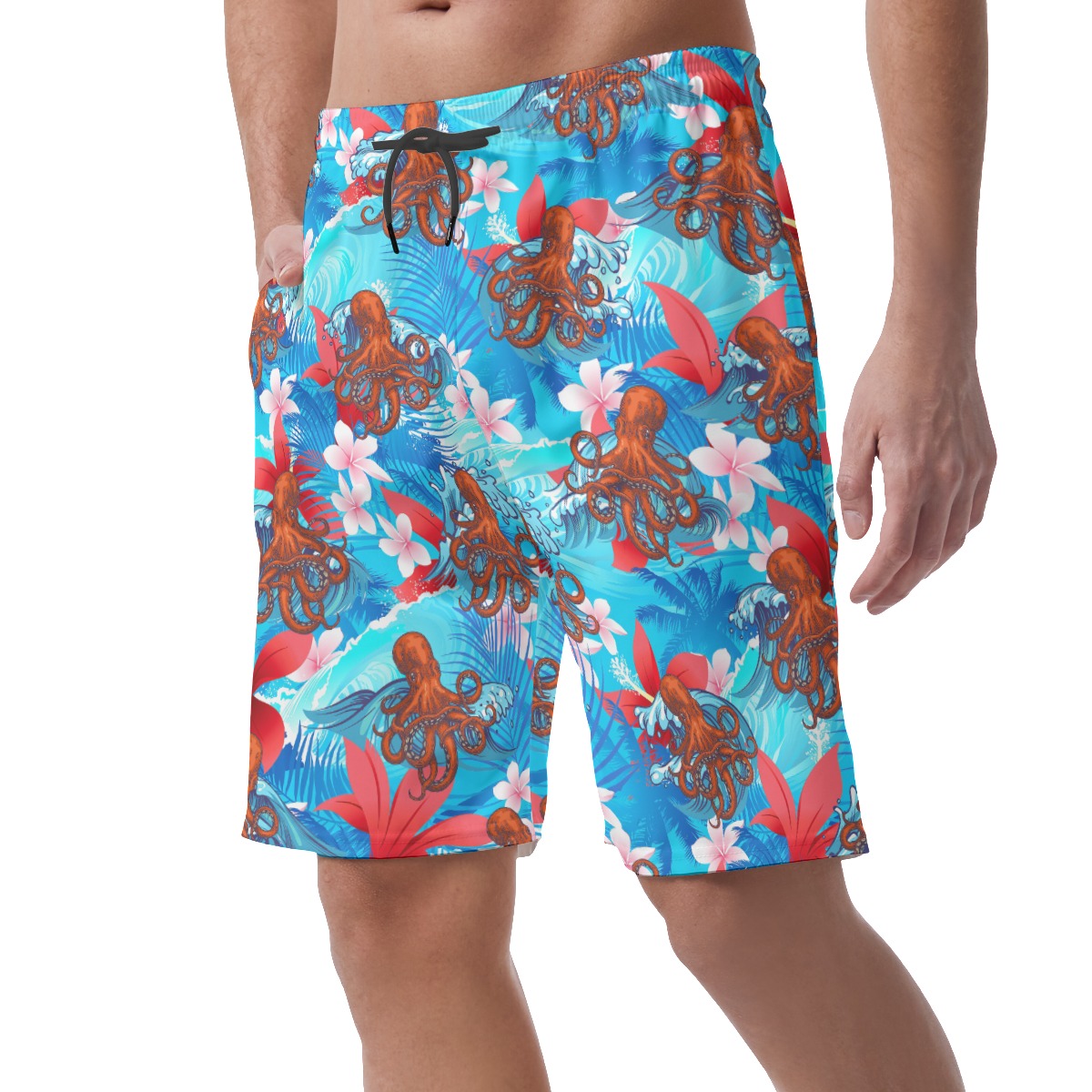Funny Ocean Octopus Blue Floral Hawaiian Shorts For Men