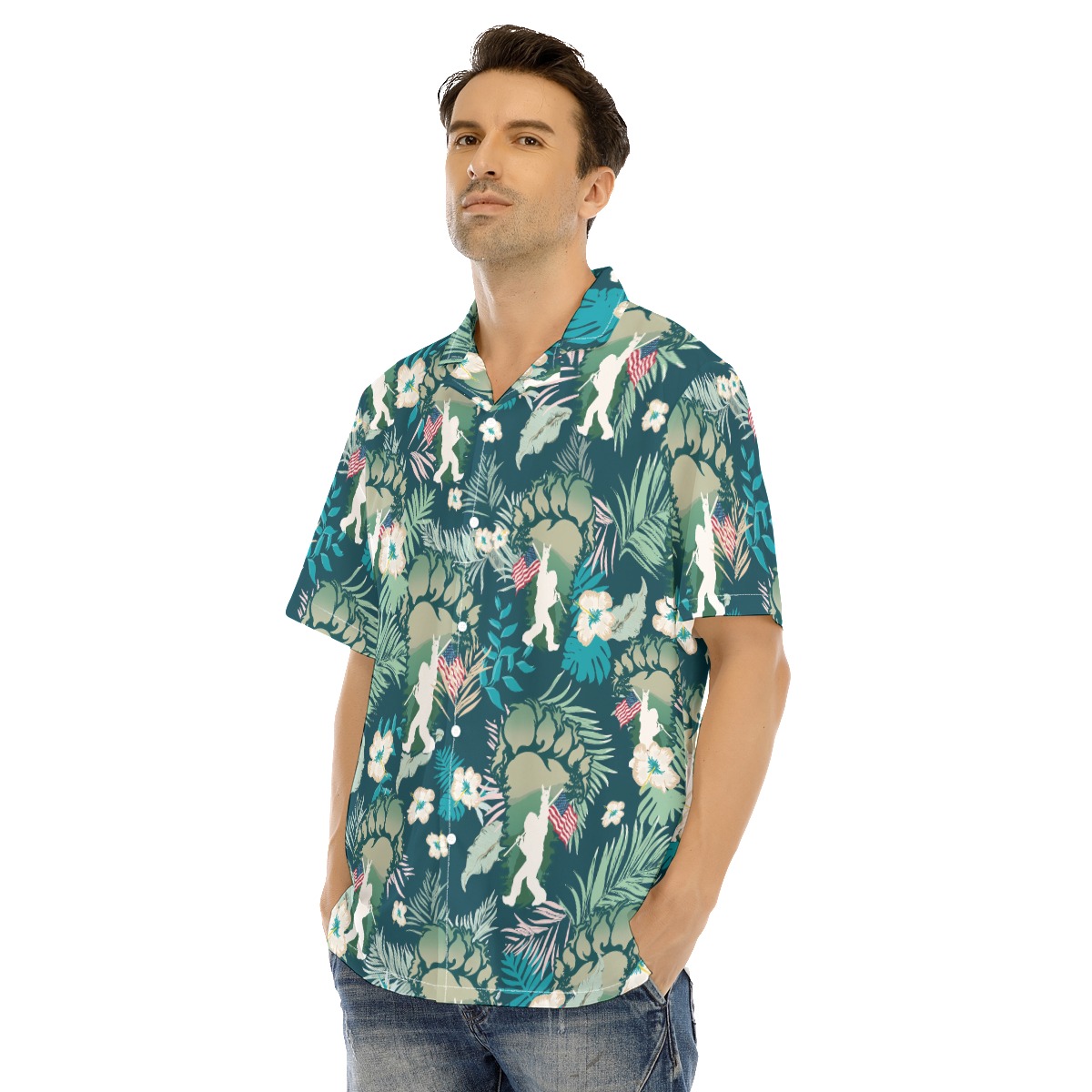 Men's Sasquatch Hawaiian Shirt With American Flag