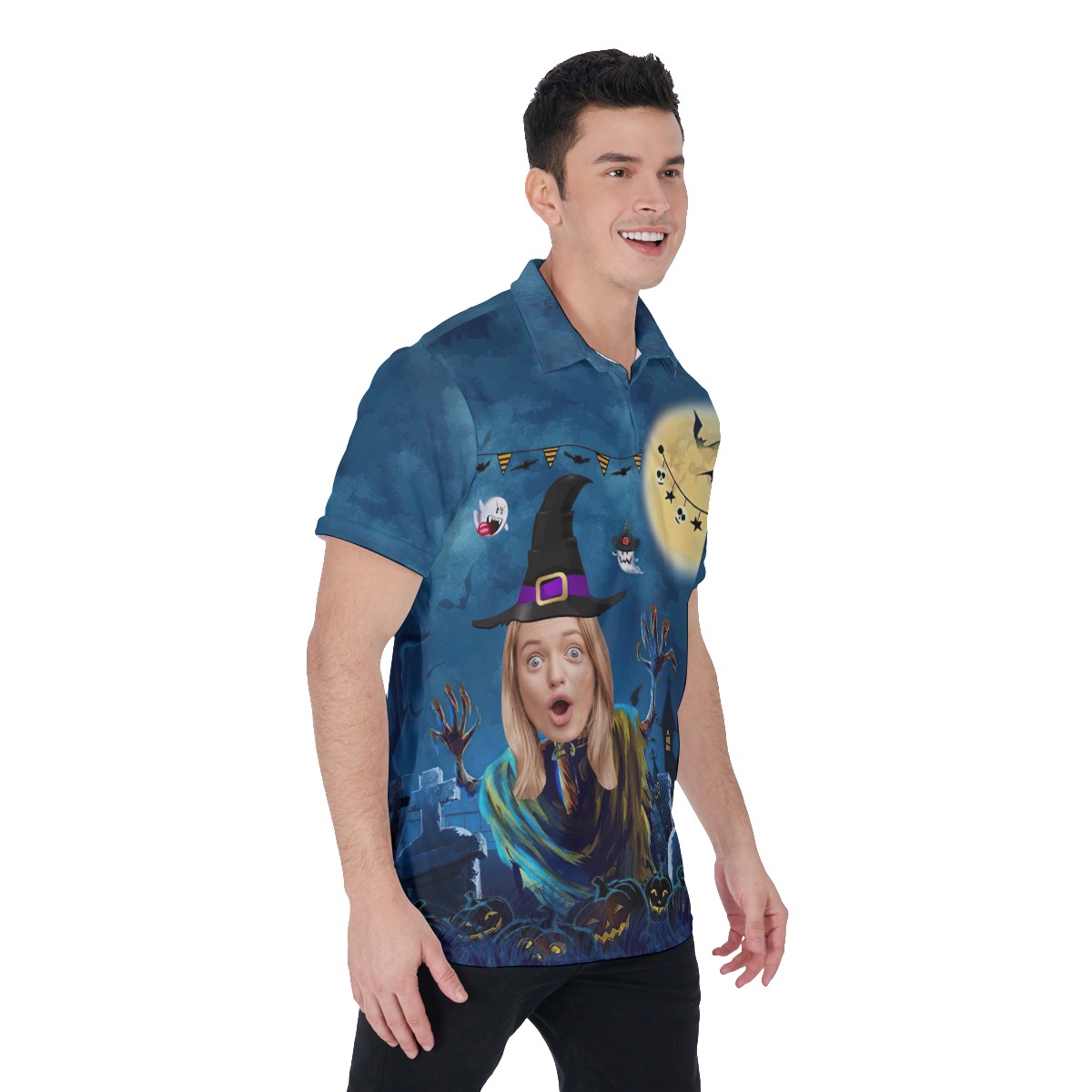 Custom Face Horror Hawaiian Polo Shirt Funny Halloween Witch