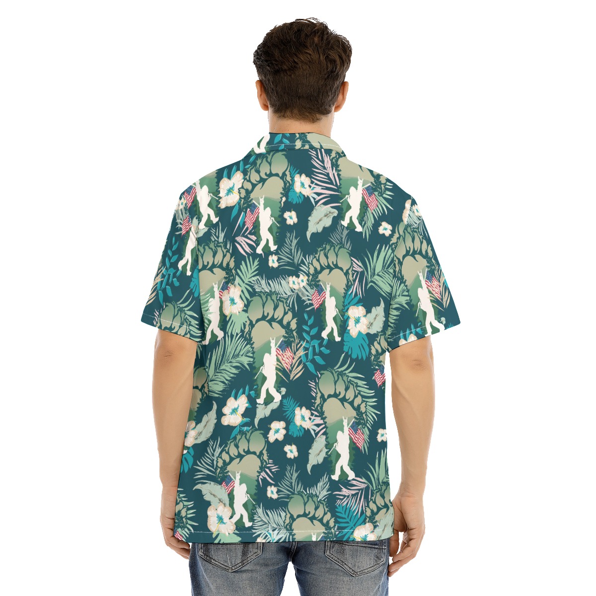 Men's Sasquatch Hawaiian Shirt With American Flag