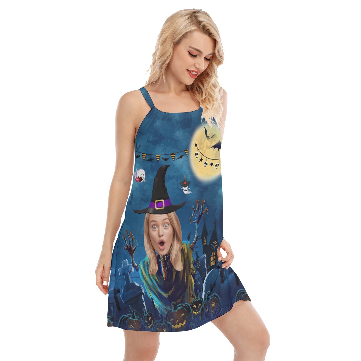 Funny Custom Face Witch Halloween Hawaiian Cami Dresses For Women
