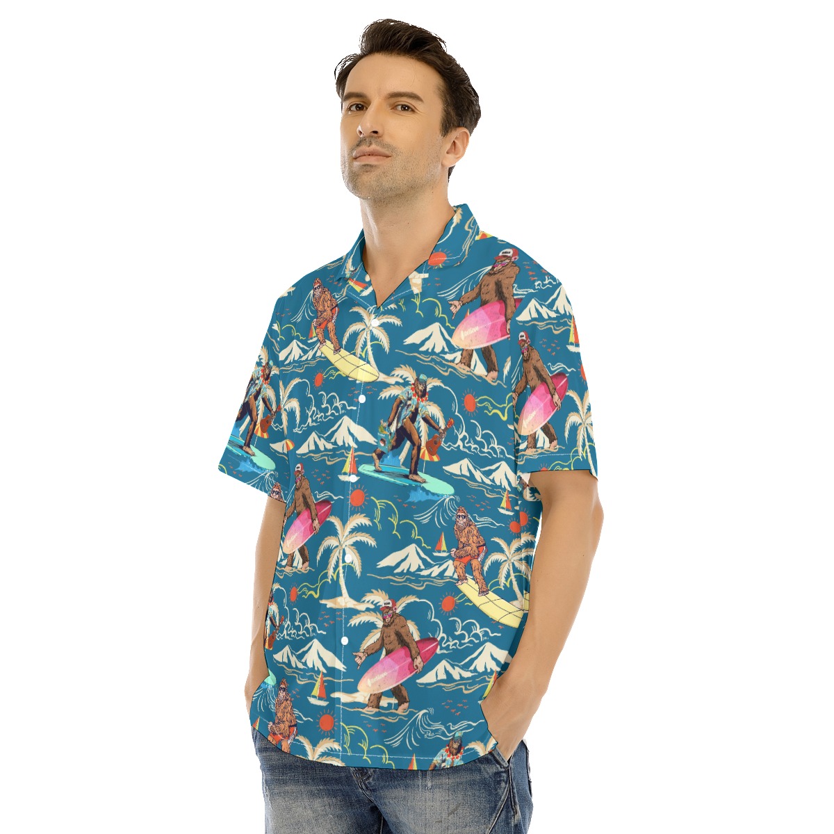 Men's Sasquatch Hawaiian Shirt Palm Trees Navy