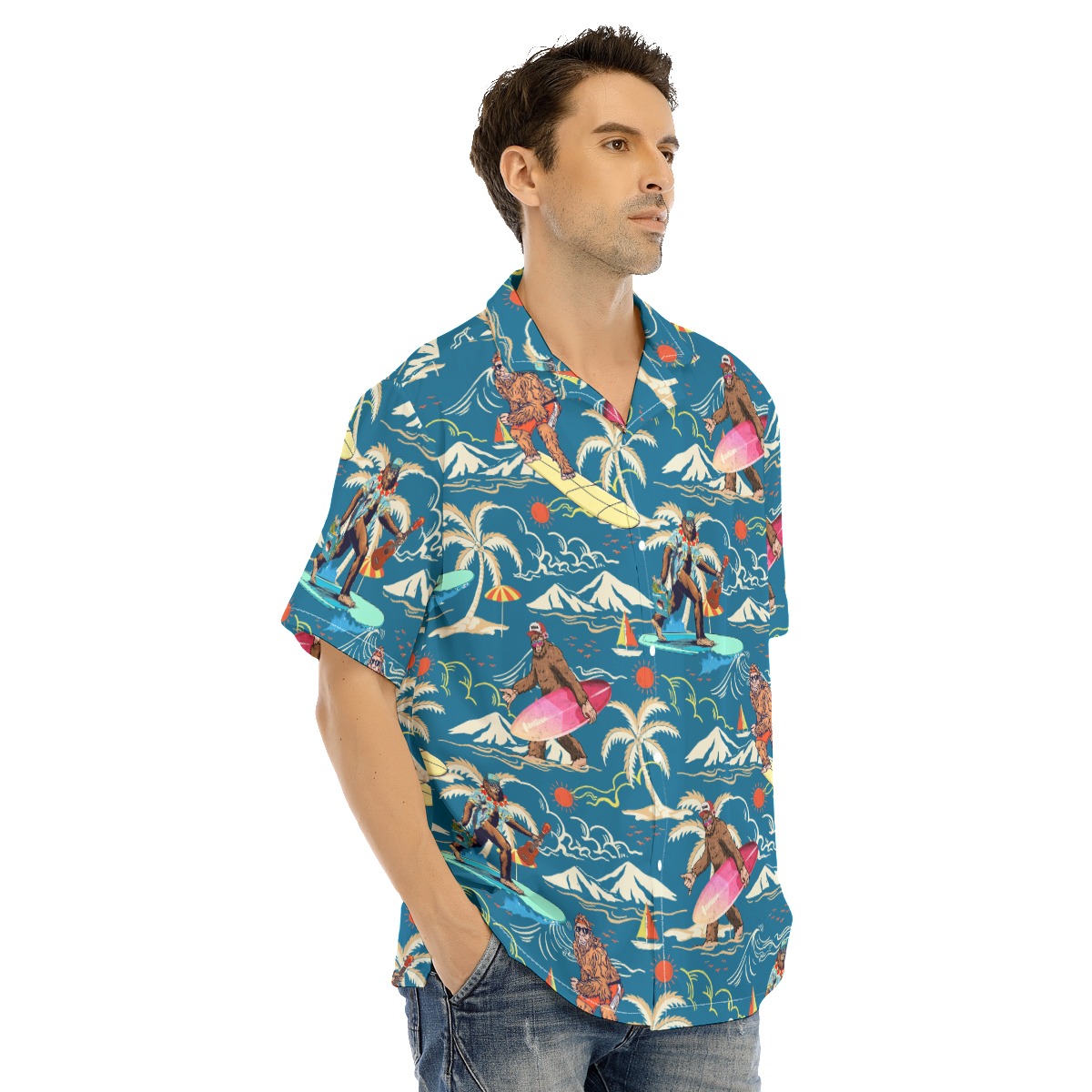 Men's Sasquatch Hawaiian Shirt Palm Trees Navy