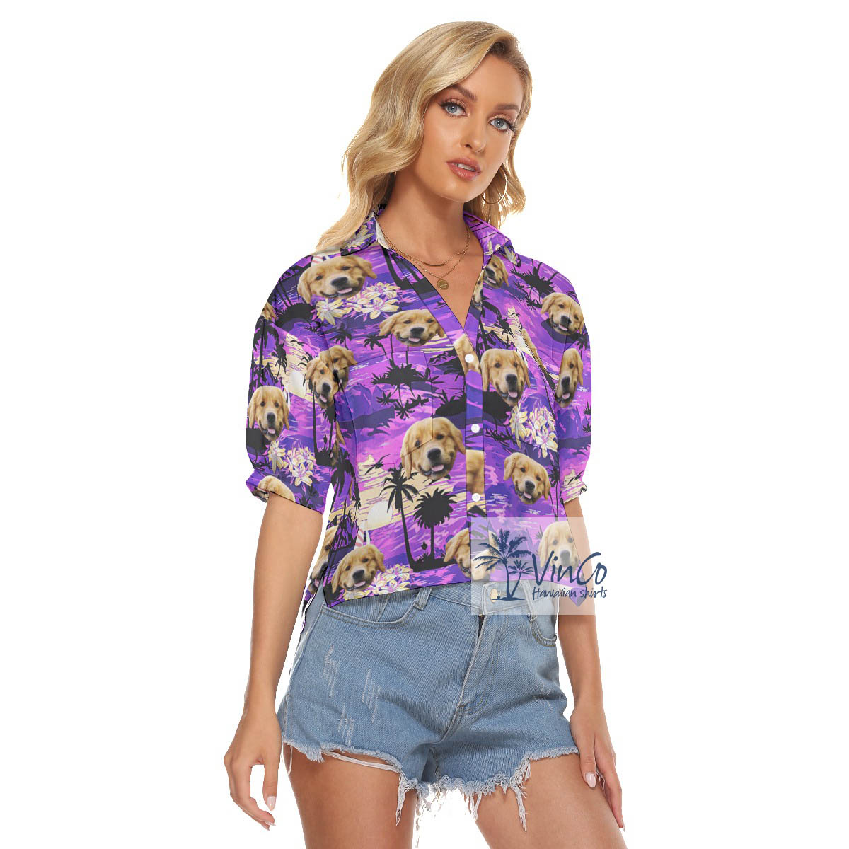 Custom Dog Face Aloha Crop Top Shirt Tropical Beach Scene