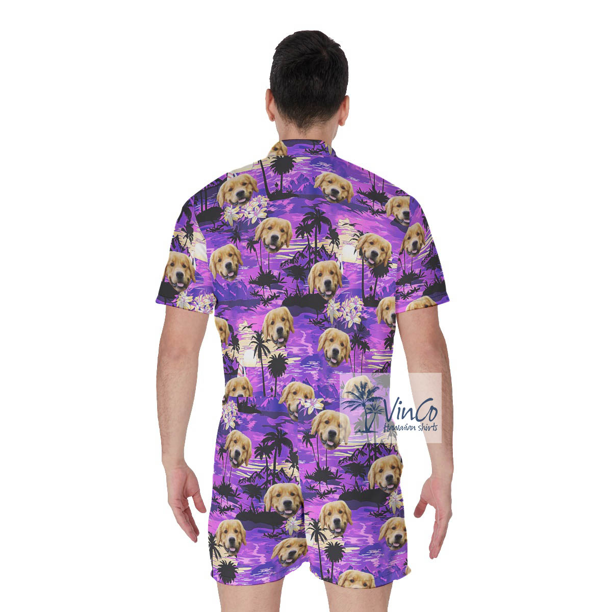 Tropical Sunset Beach Scene Custom Dog Face Hawaiian Romper For Men