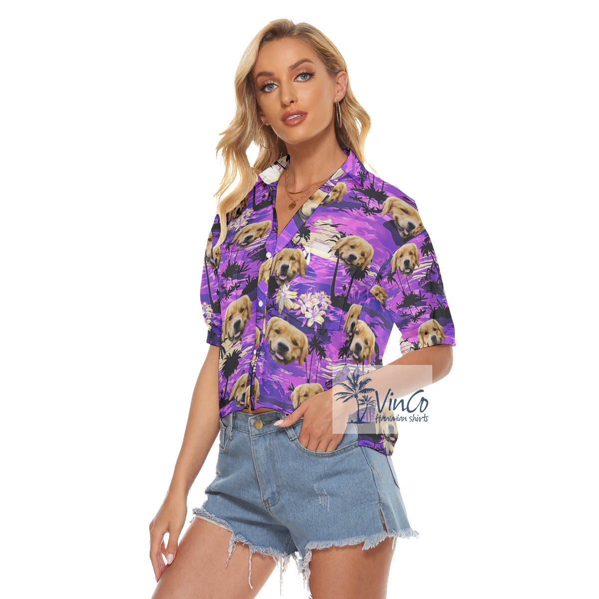 Custom Dog Face Aloha Crop Top Shirt Tropical Beach Scene