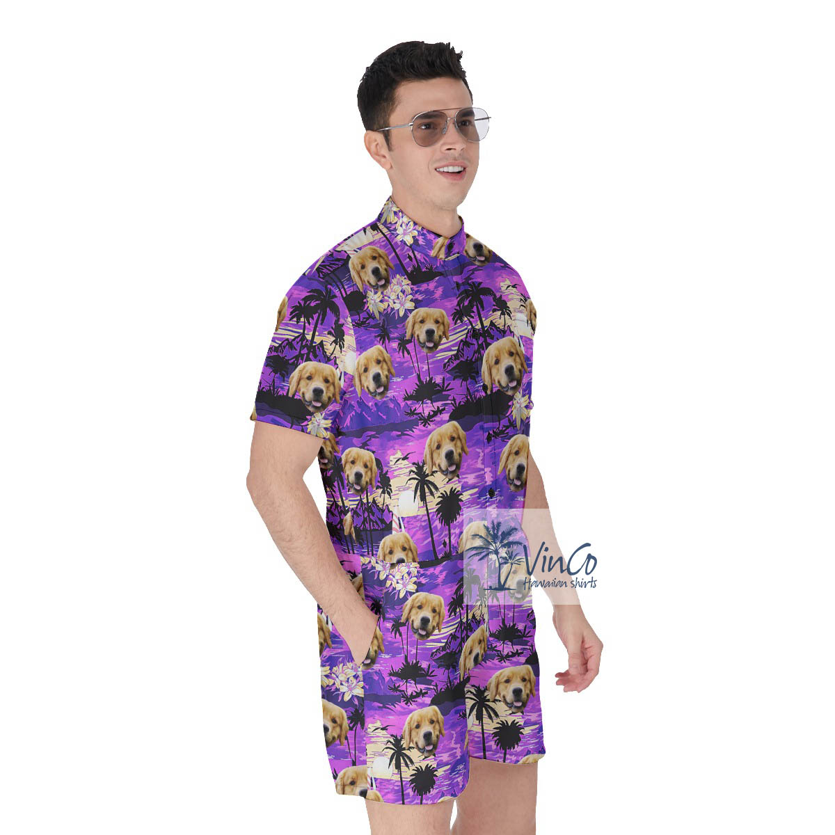 Tropical Sunset Beach Scene Custom Dog Face Hawaiian Romper For Men