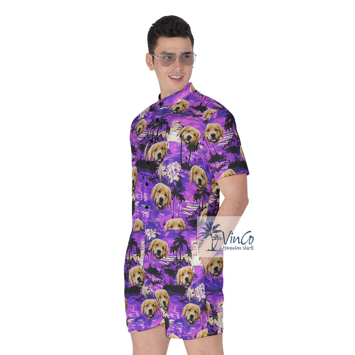 Tropical Sunset Beach Scene Custom Dog Face Hawaiian Romper For Men