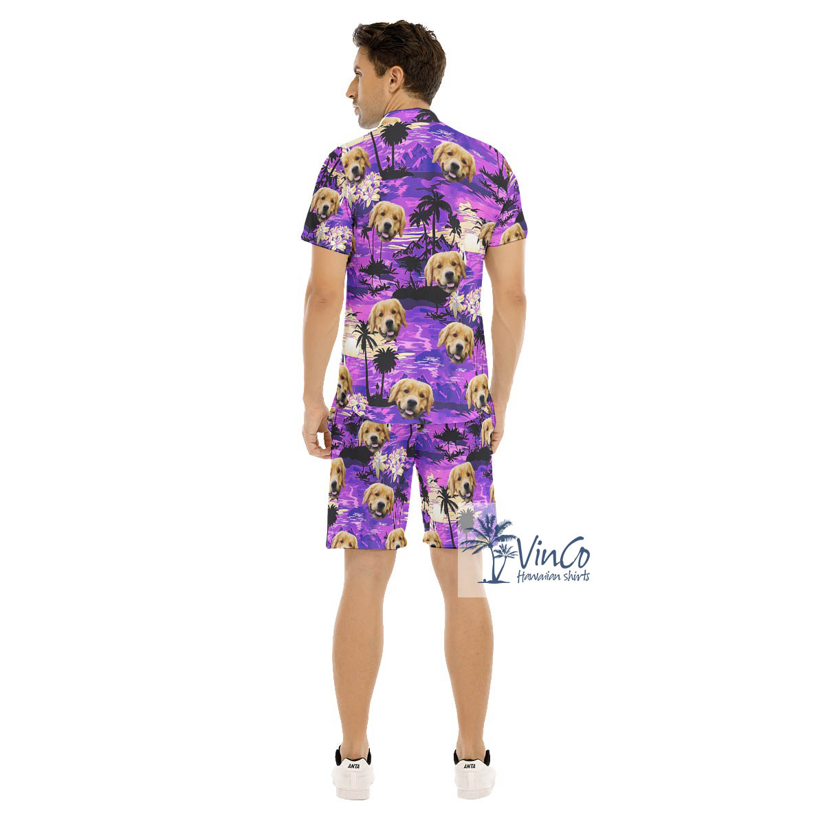 Custom Dog Face Tropical Sunset Beach Hawaiian Shirt And Matching Shorts For Men