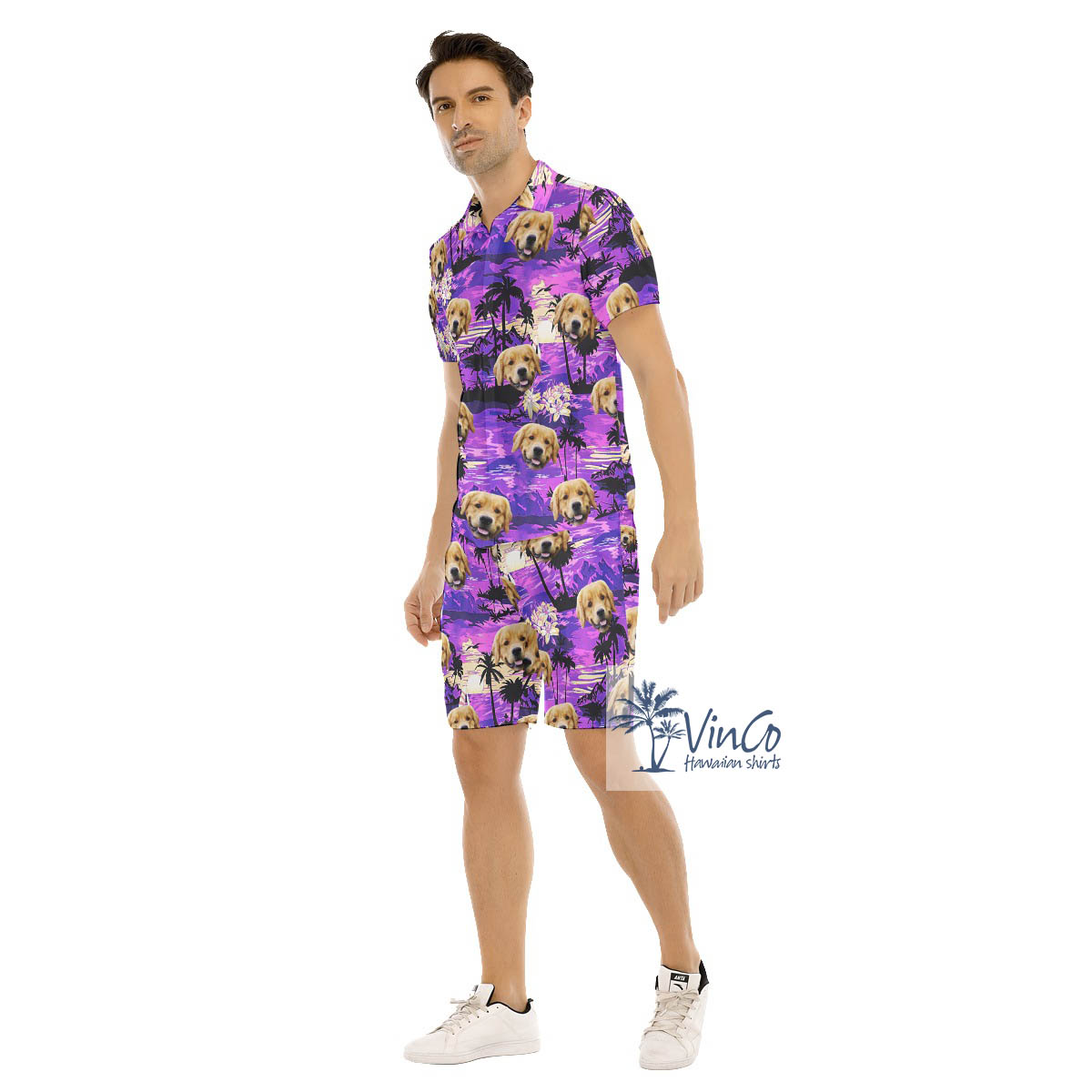 Custom Dog Face Tropical Sunset Beach Hawaiian Shirt And Matching Shorts For Men