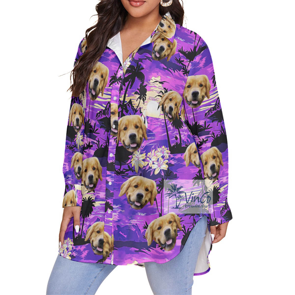 Custom Dog Face Plus Size Hawaiian Shirt Tropical Beach Sunset Time