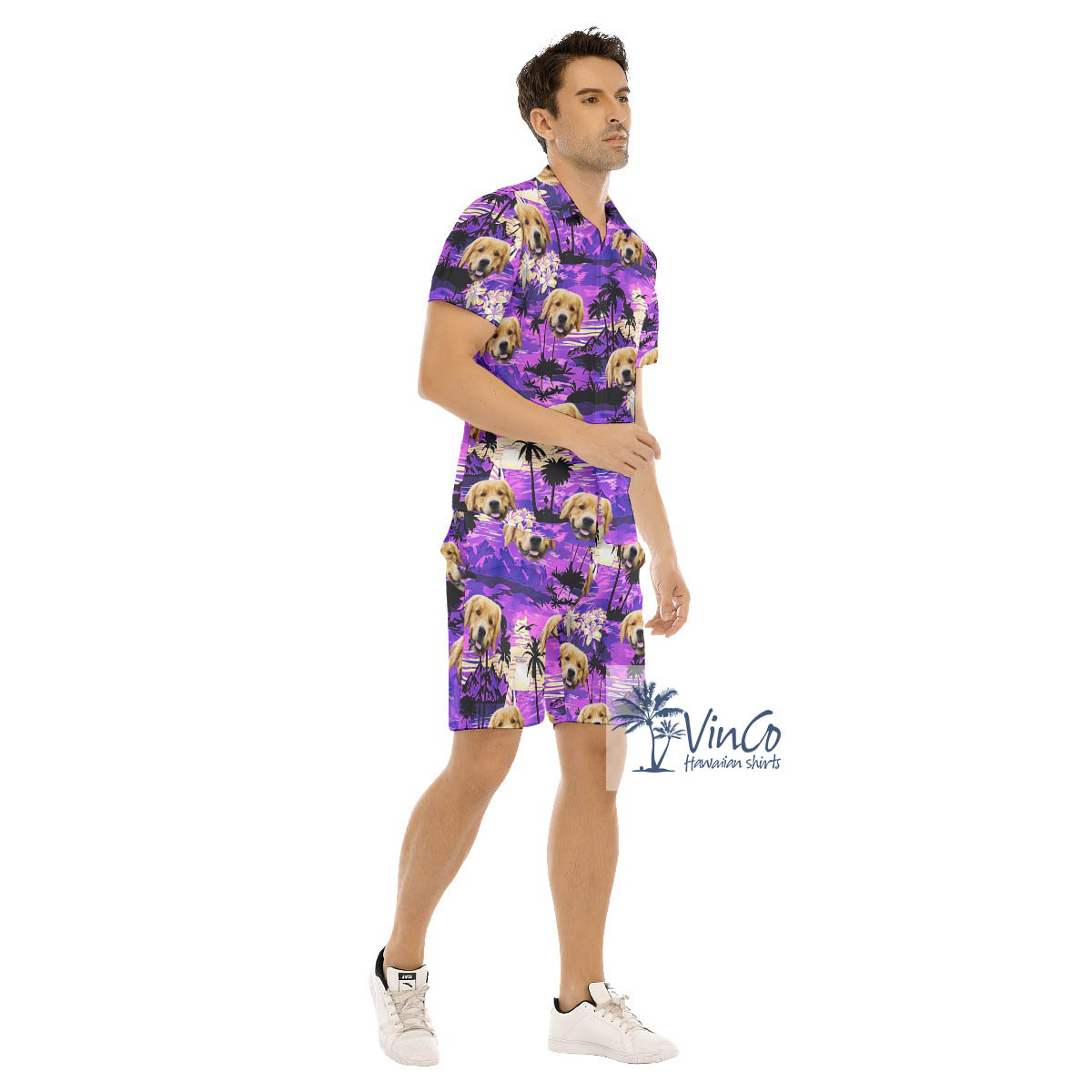 Custom Dog Face Tropical Sunset Beach Hawaiian Shirt And Matching Shorts For Men