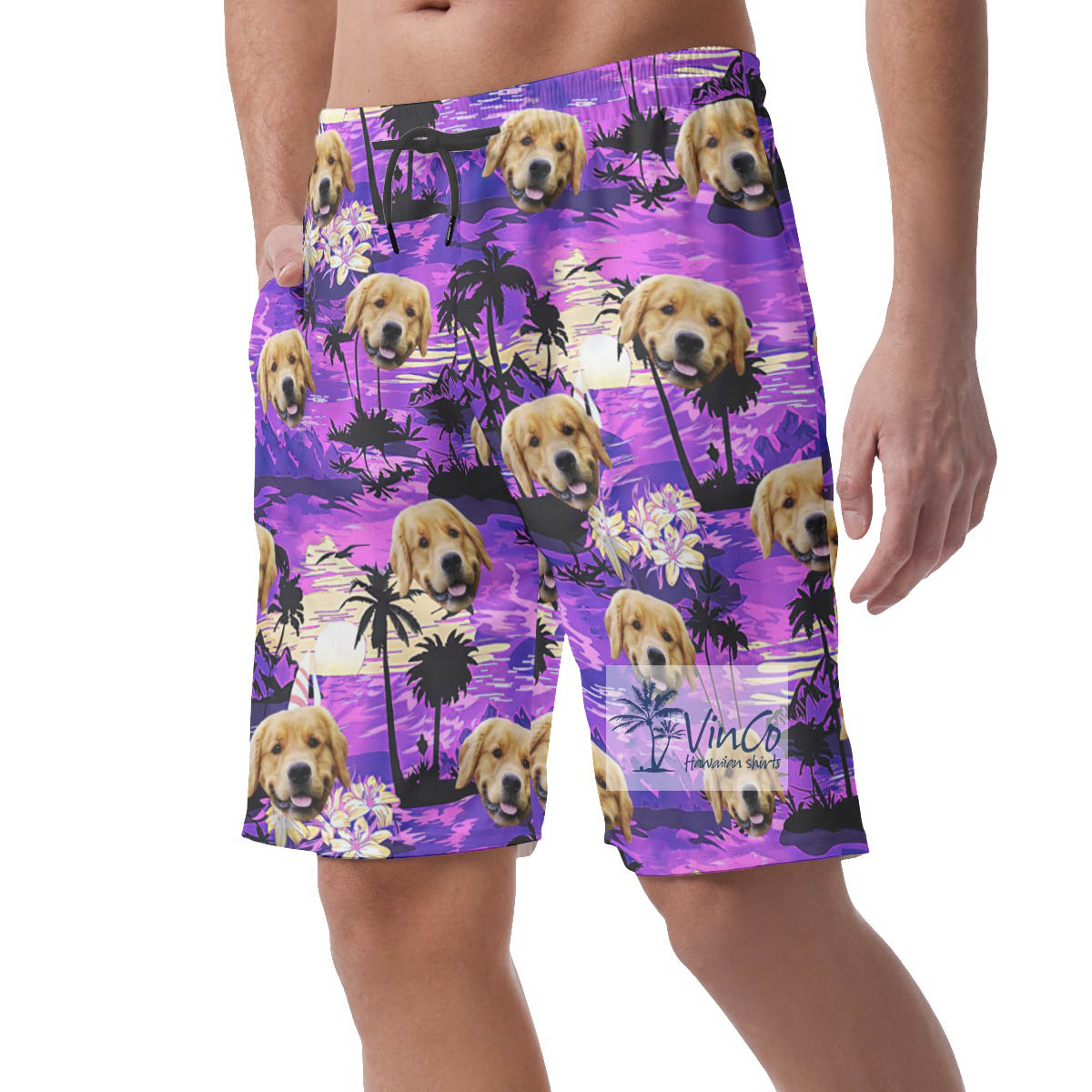 Tropical Sunset Beach Custom Dog Face Hawaiian Shorts For Men