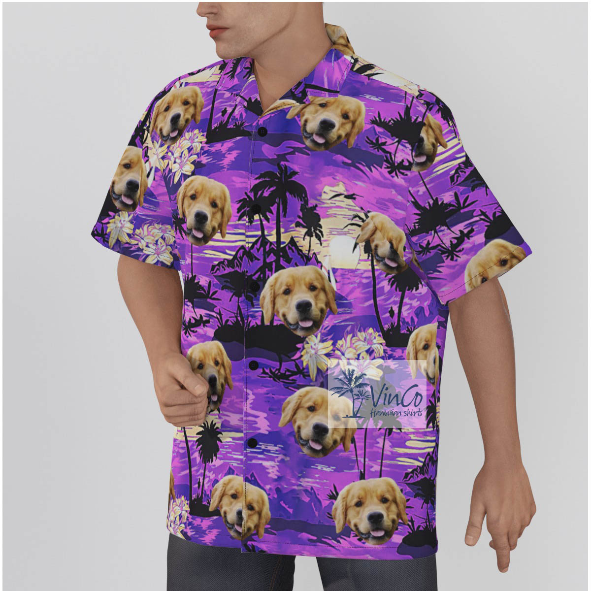 Custom Dog Face Hawaiian Shirt Tropical Sunset Beach