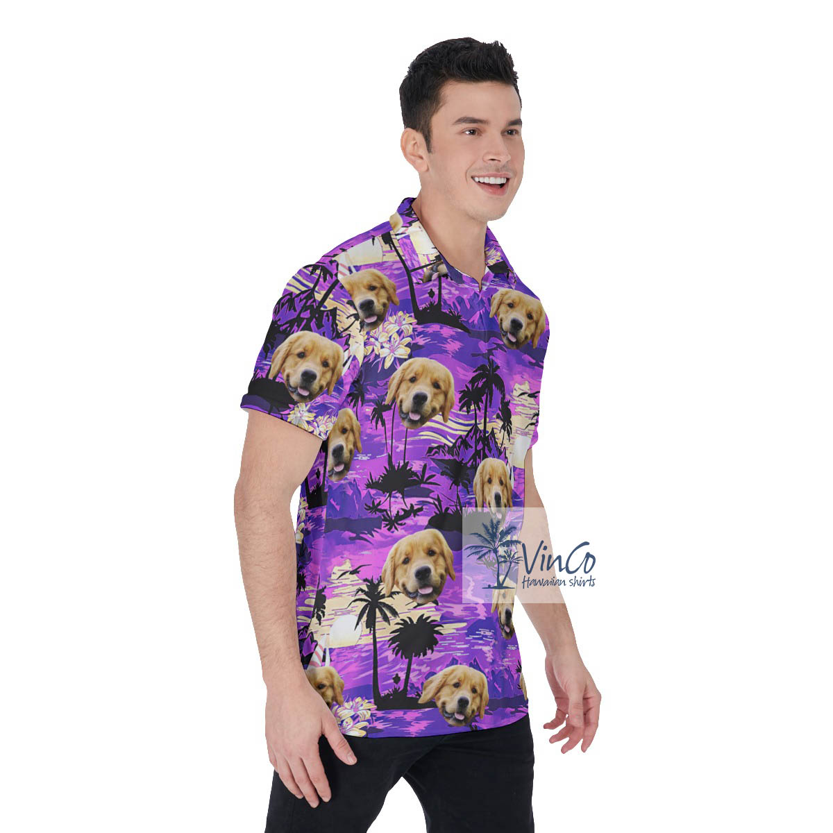 Custom Dog Face Tropical Sunset Beach Hawaiian Golf Shirt