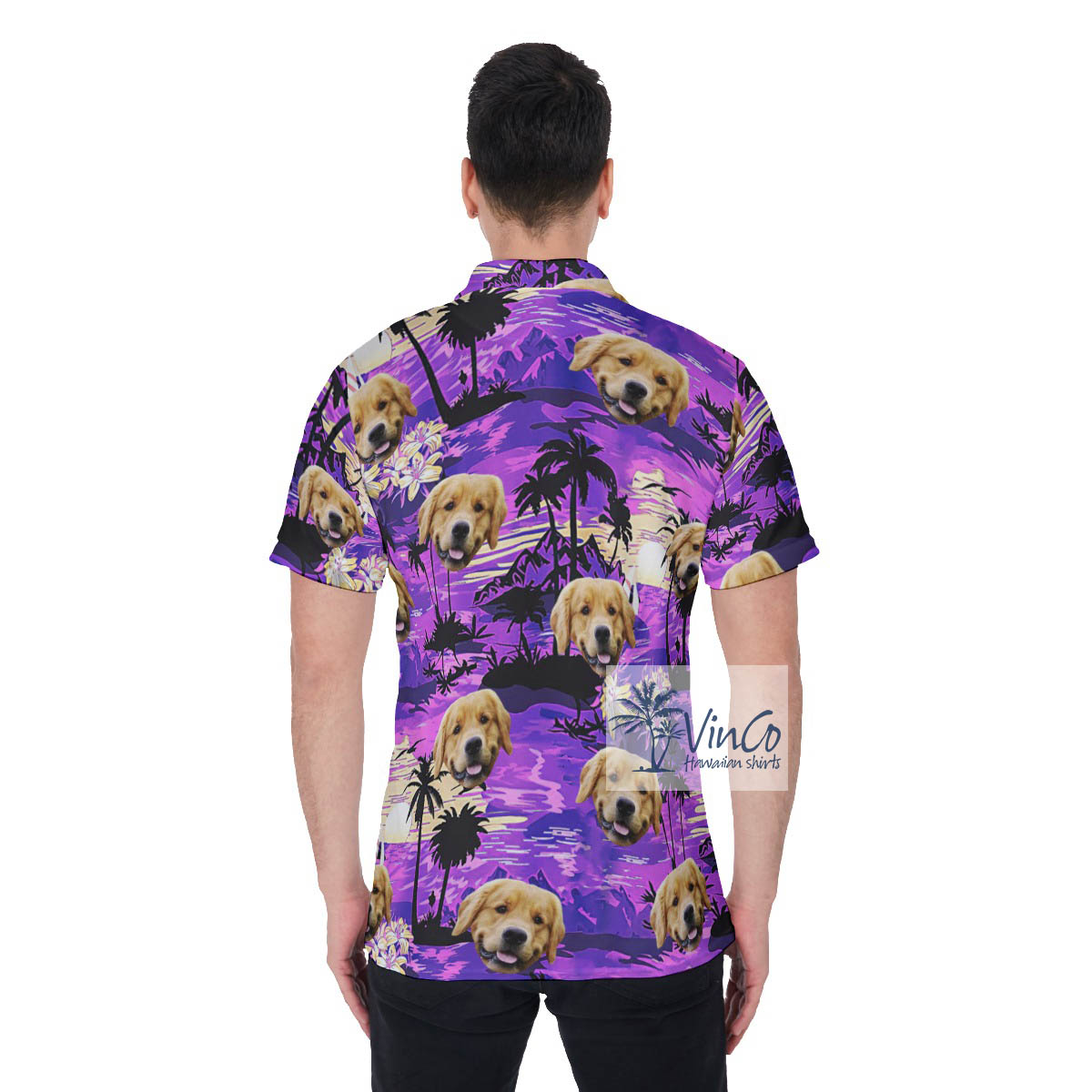 Custom Dog Face Tropical Sunset Beach Hawaiian Golf Shirt