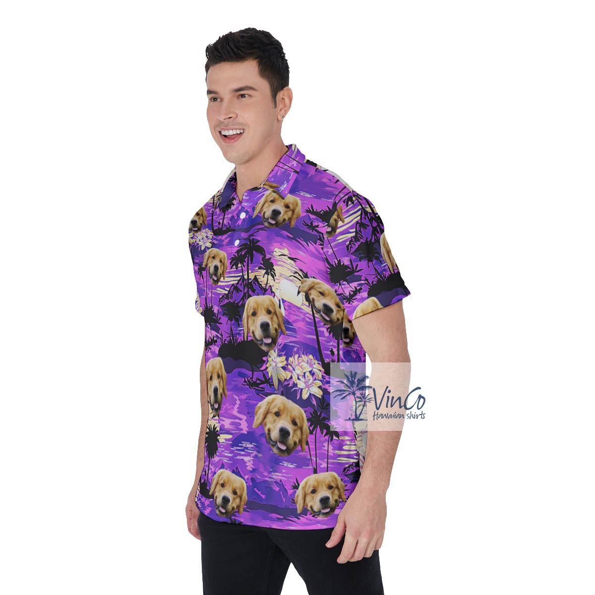 Custom Dog Face Tropical Sunset Beach Hawaiian Golf Shirt