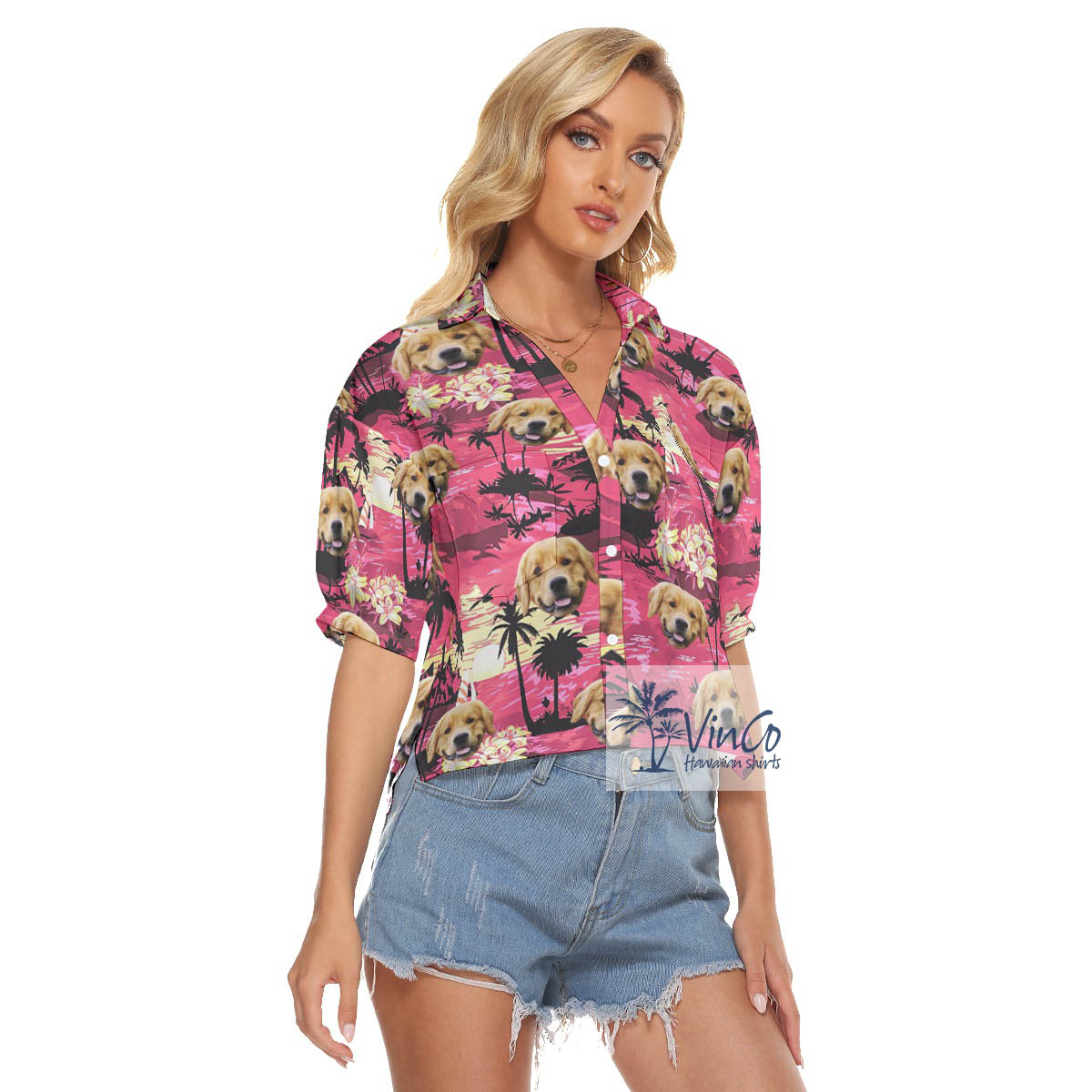 Tropical Beach Scene Hawaiian Crop Top Shirt With Custom Dog Face