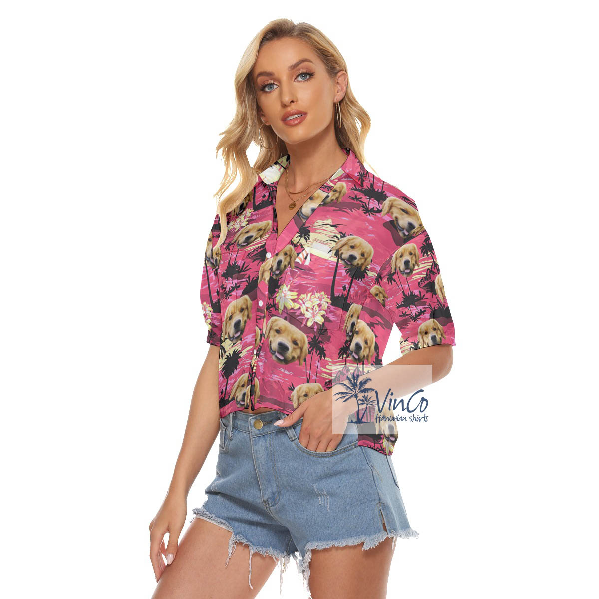 Tropical Beach Scene Hawaiian Crop Top Shirt With Custom Dog Face