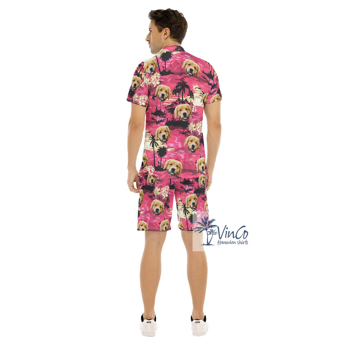 Set Hawaiian Shirt And Shorts With Custom Dog Face Tropical Sunset Beach