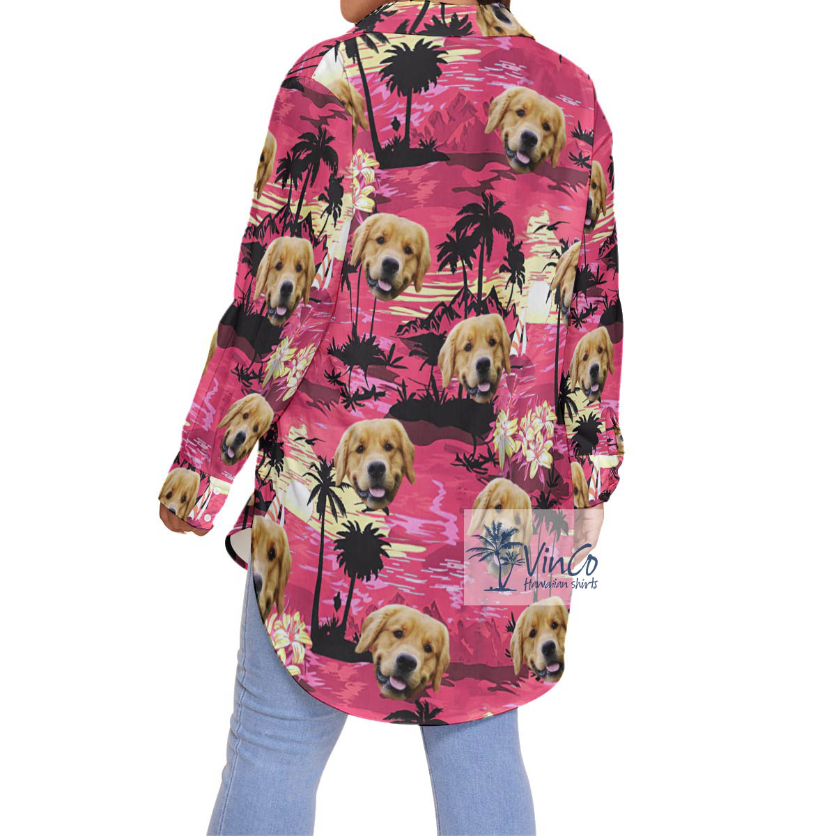 Custom Pet Face Tropical Beach Palm Trees Hawaiian Blouse Shirt