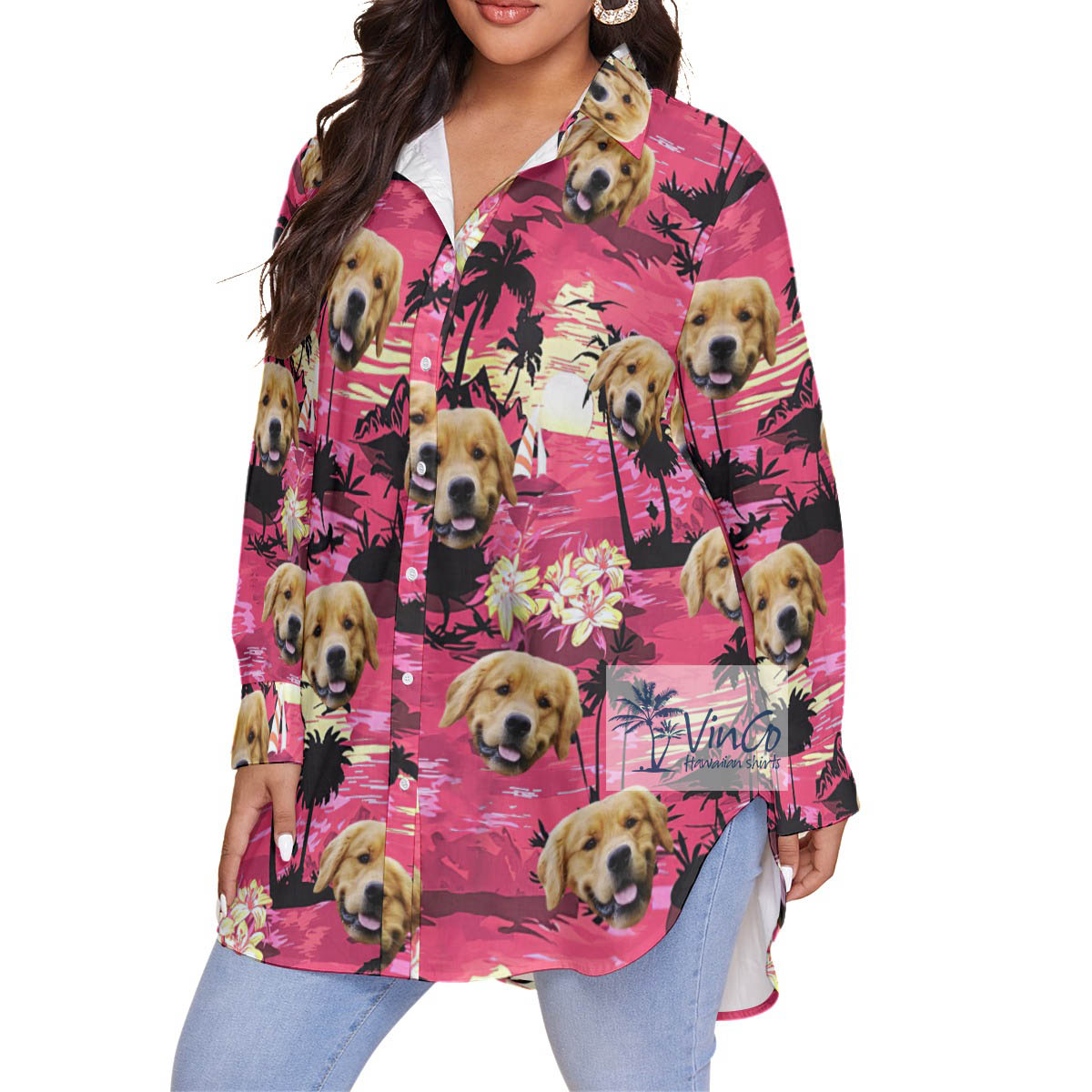 Custom Pet Face Tropical Beach Palm Trees Hawaiian Blouse Shirt