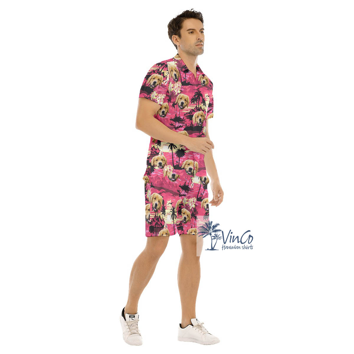 Set Hawaiian Shirt And Shorts With Custom Dog Face Tropical Sunset Beach