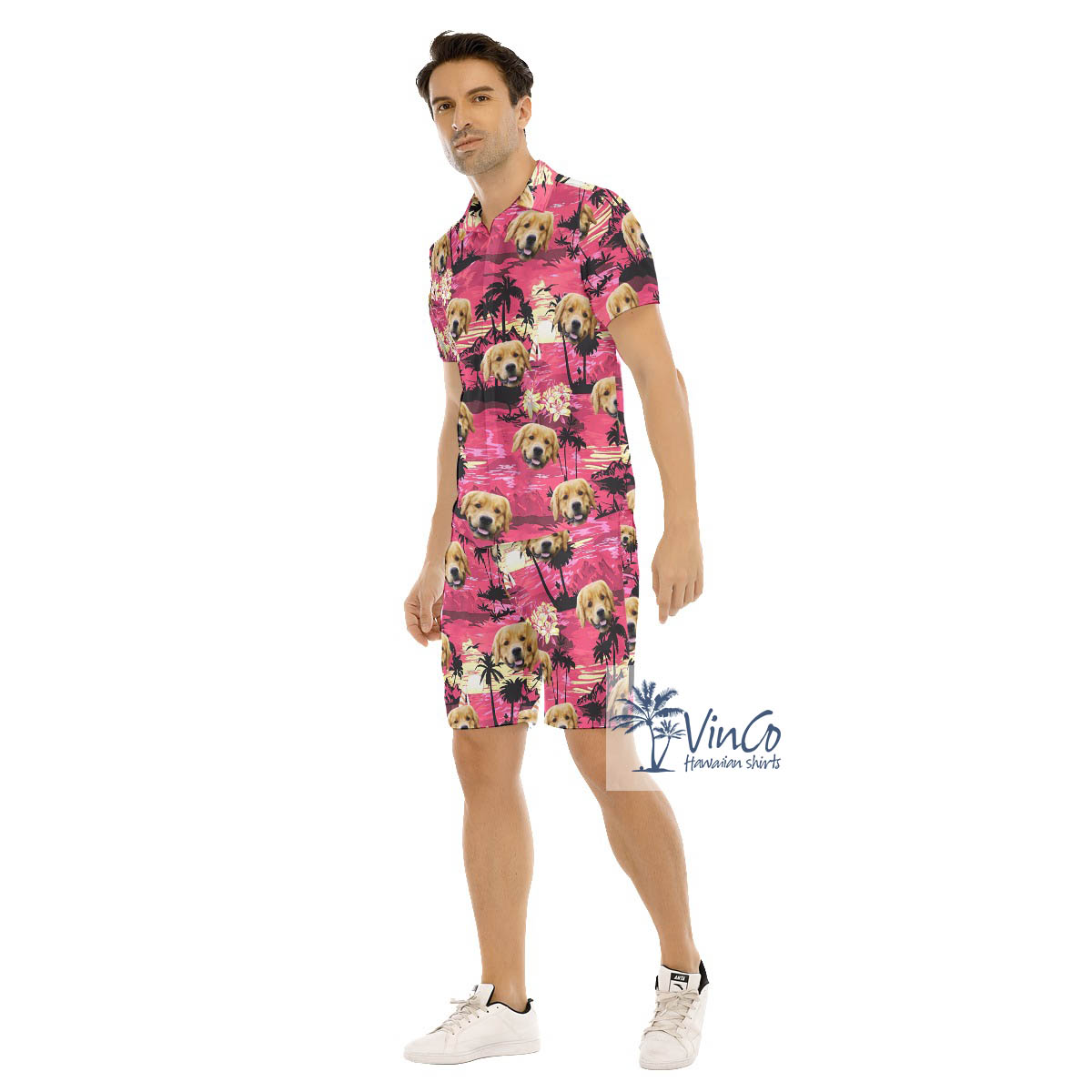 Set Hawaiian Shirt And Shorts With Custom Dog Face Tropical Sunset Beach