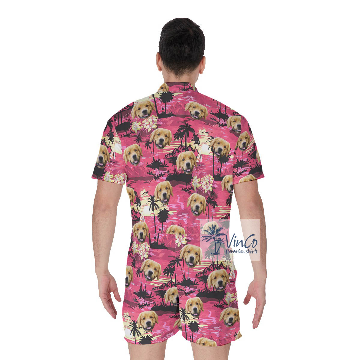 Tropical Beach Sunset Time Custom Dog Face Hawaiian Romper For Men