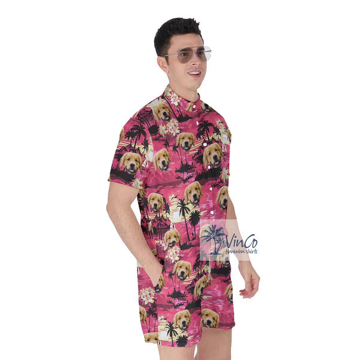 Tropical Beach Sunset Time Custom Dog Face Hawaiian Romper For Men