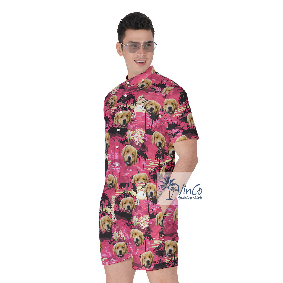 Tropical Beach Sunset Time Custom Dog Face Hawaiian Romper For Men