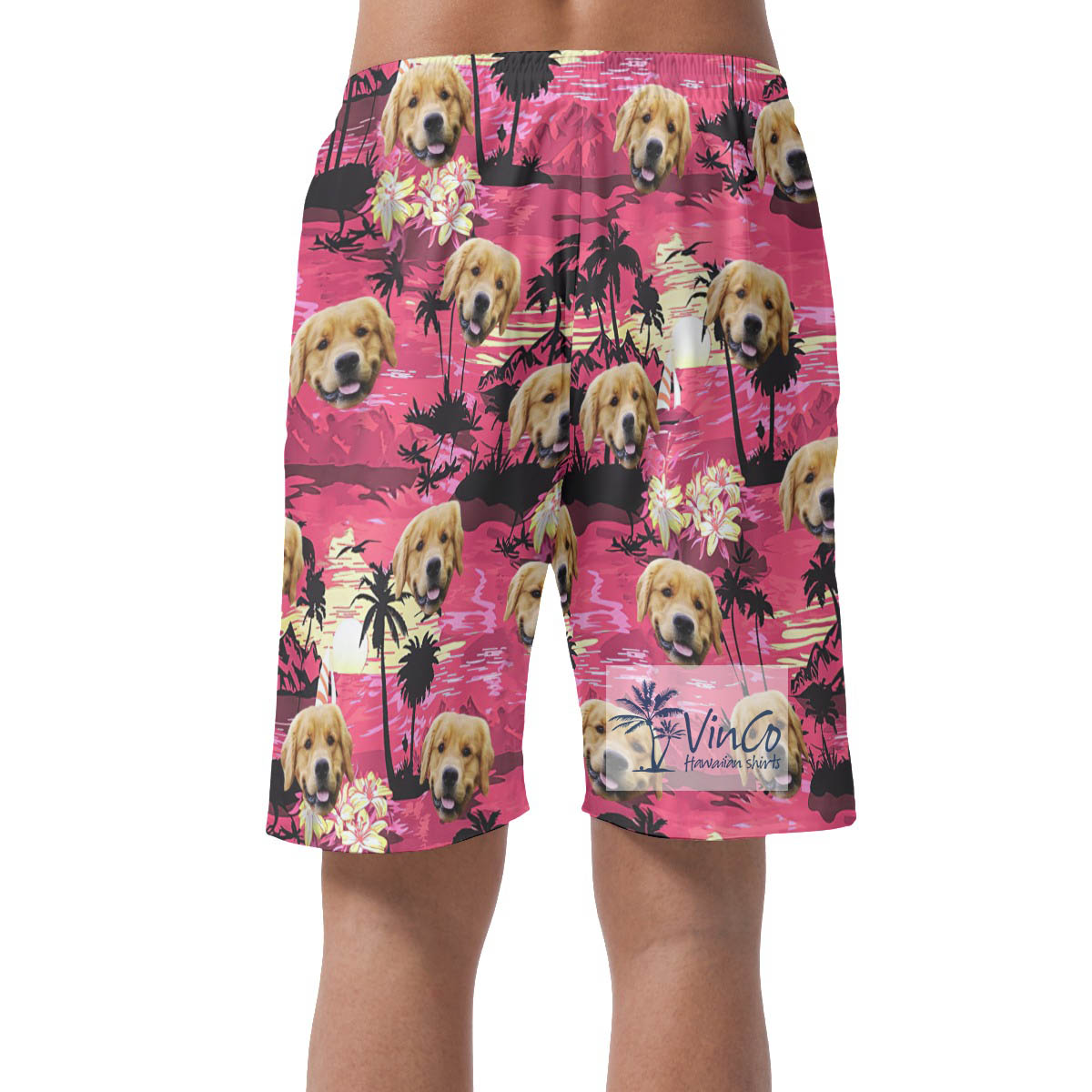 Funny Custom Dog Face Beach Theme Pink Hawaiian Summer Shorts For Men