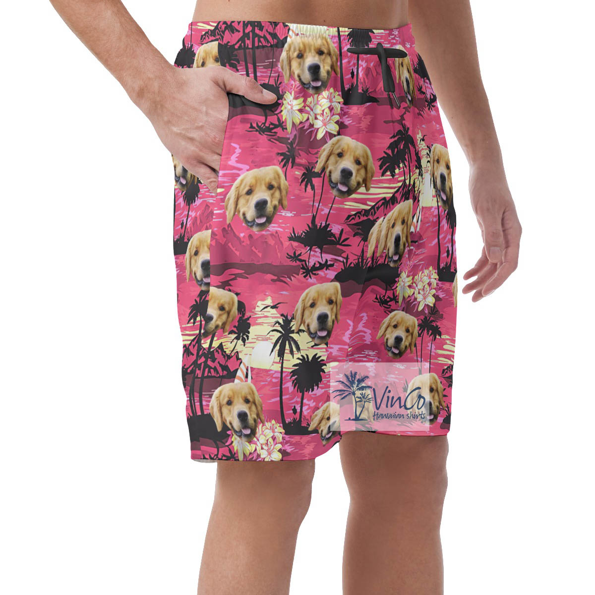 Funny Custom Dog Face Beach Theme Pink Hawaiian Summer Shorts For Men
