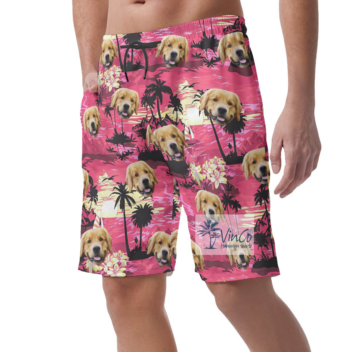Funny Custom Dog Face Beach Theme Pink Hawaiian Summer Shorts For Men