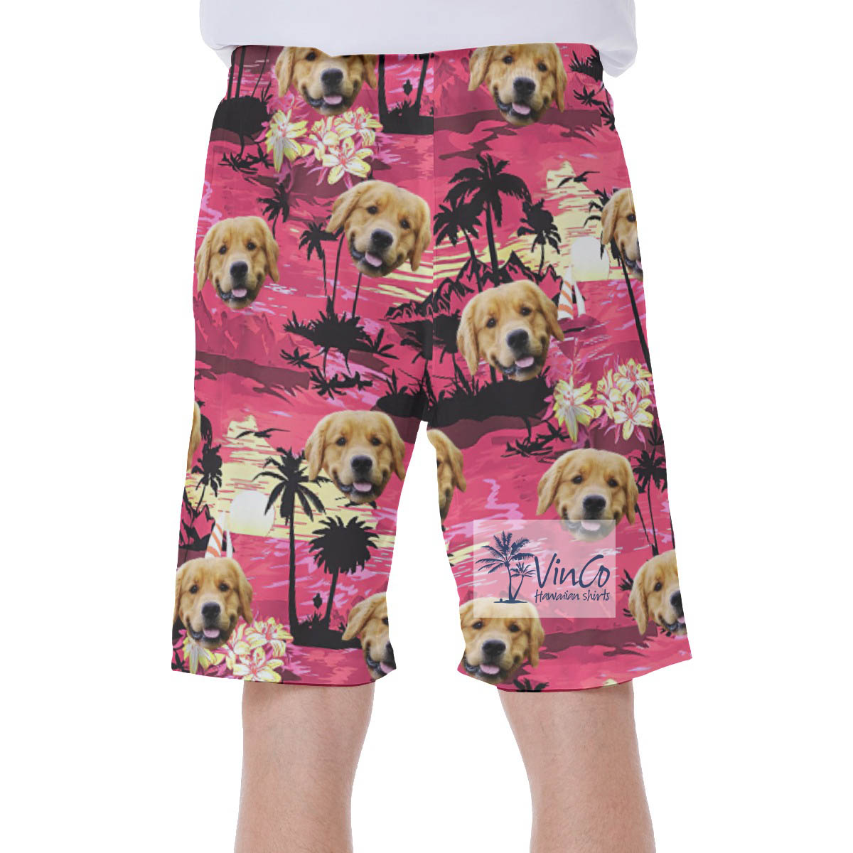 Funny Custom Tropical Beach Scene Hawaiian Swim Trunks With Dog Face
