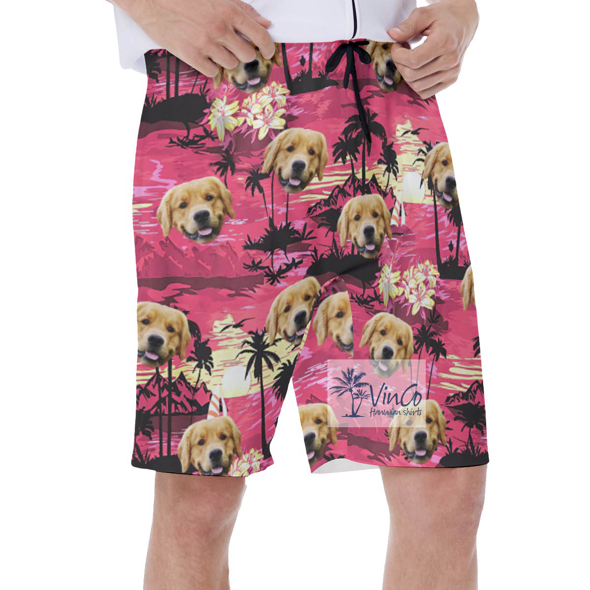 Funny Custom Tropical Beach Scene Hawaiian Swim Trunks With Dog Face