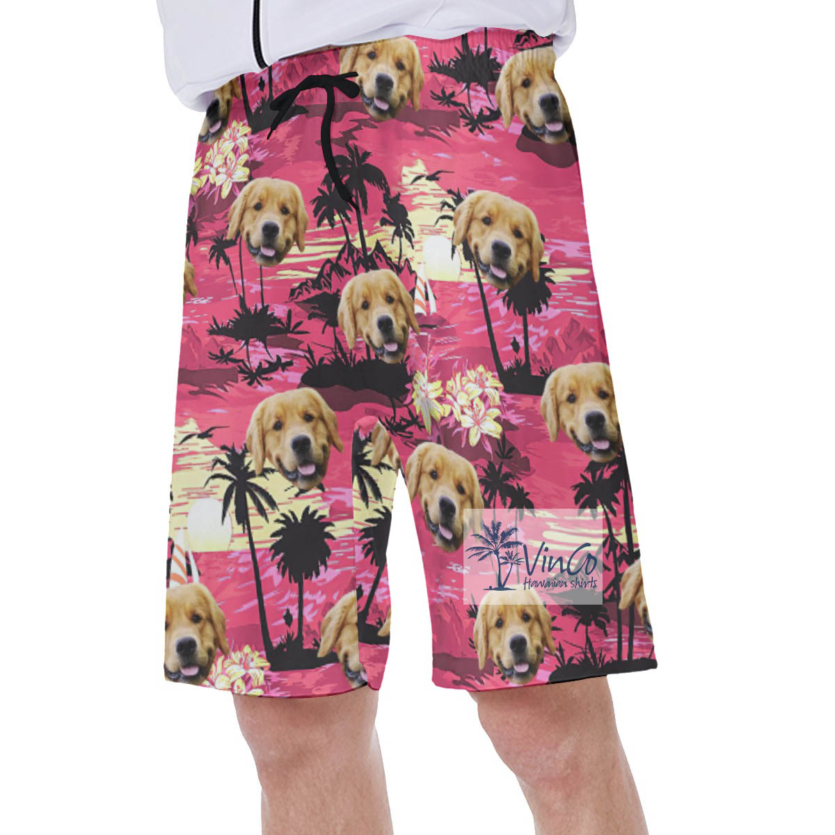 Funny Custom Tropical Beach Scene Hawaiian Swim Trunks With Dog Face