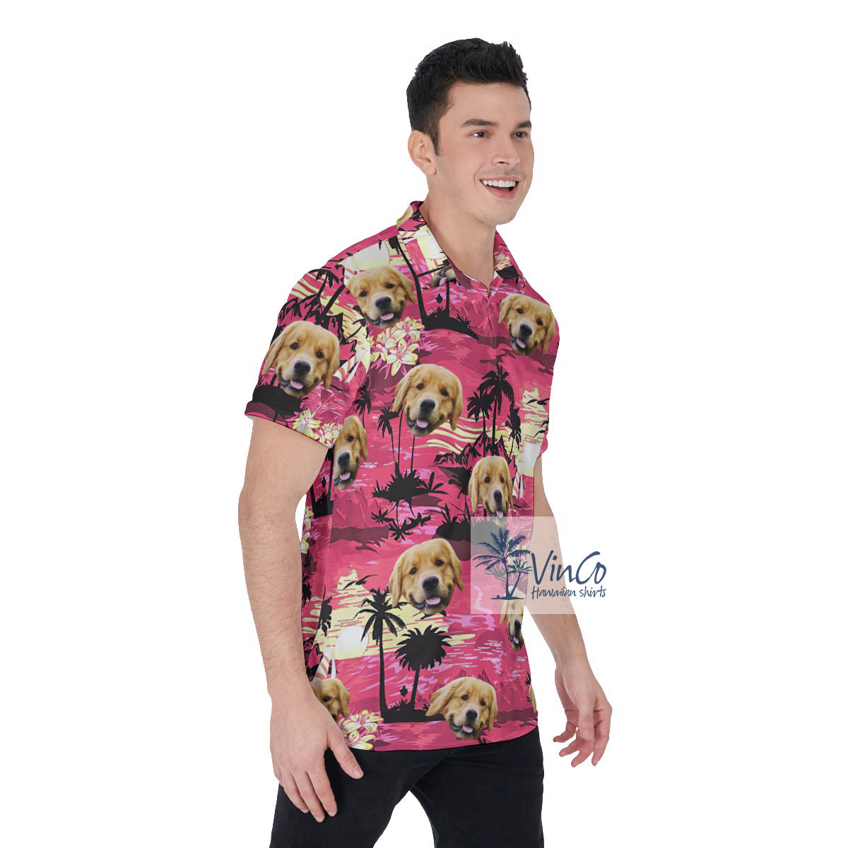 Tropical Palm Trees Beach Theme Custom Dog Face Hawaiian Polo Shirt
