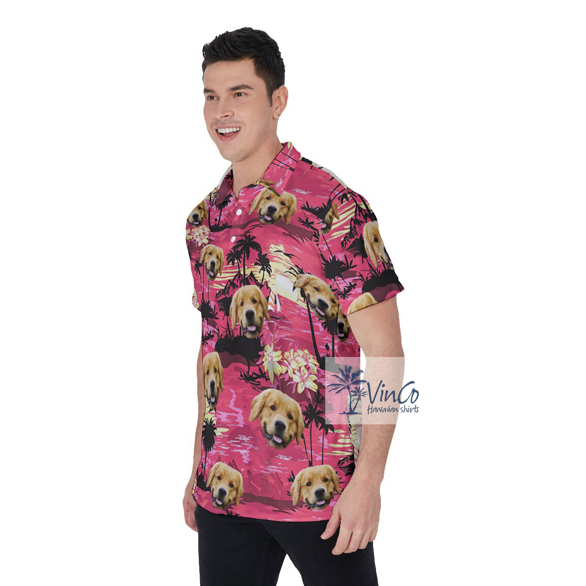 Tropical Palm Trees Beach Theme Custom Dog Face Hawaiian Polo Shirt