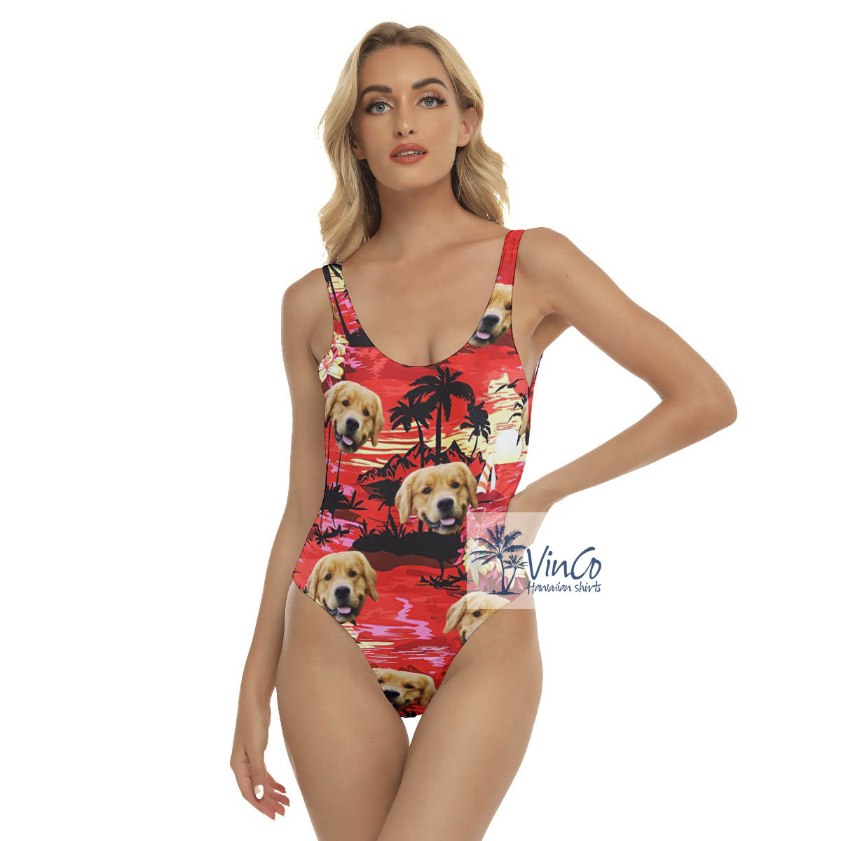 Custom Dog Face Tropical Beach Red Hawaiian Swimsuit For Summer - variant image 1