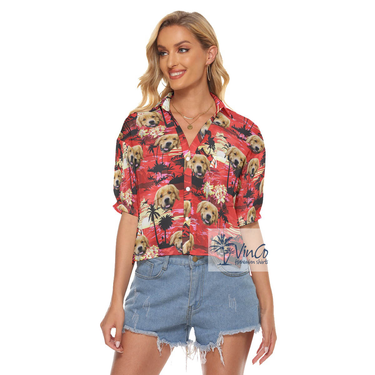Custom Dog Face Red Sunset Beach Hawaiian V-Neck Shirt For Women - variant image 1